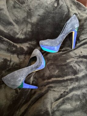 JustFab Navy Suede Platform Pumps with Blue & Teal Accents